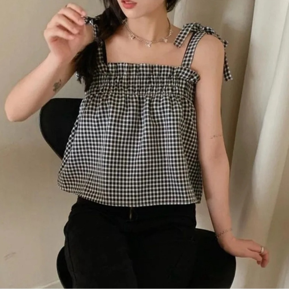 Camis Women Vintage Loose Plaid Pleated Lace-up Tank-tops tie shoulder